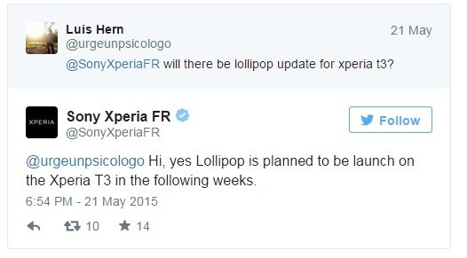 Sony Xperia T3 android lollipop, update, france