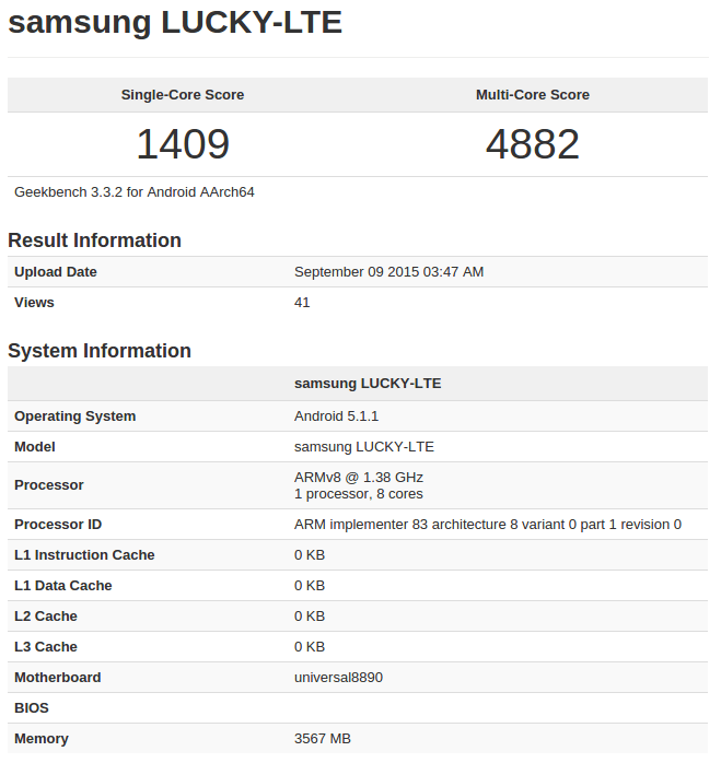 samsung lucky lte geekbench score, exynos 8890 leaks