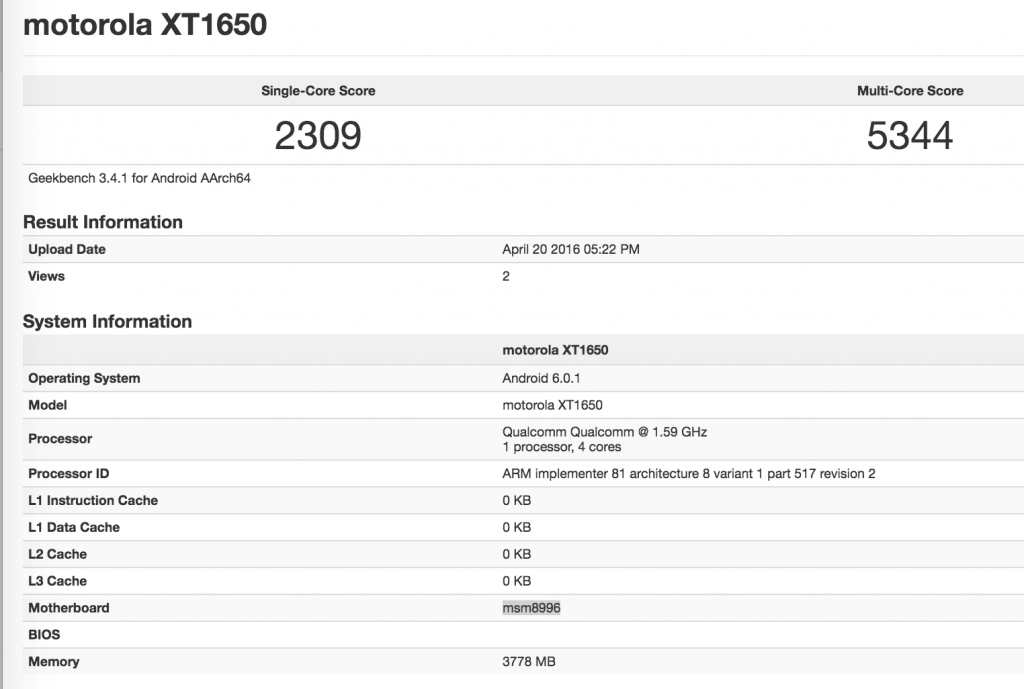 Moto XT1650 Moto x 2016 geekbech leak