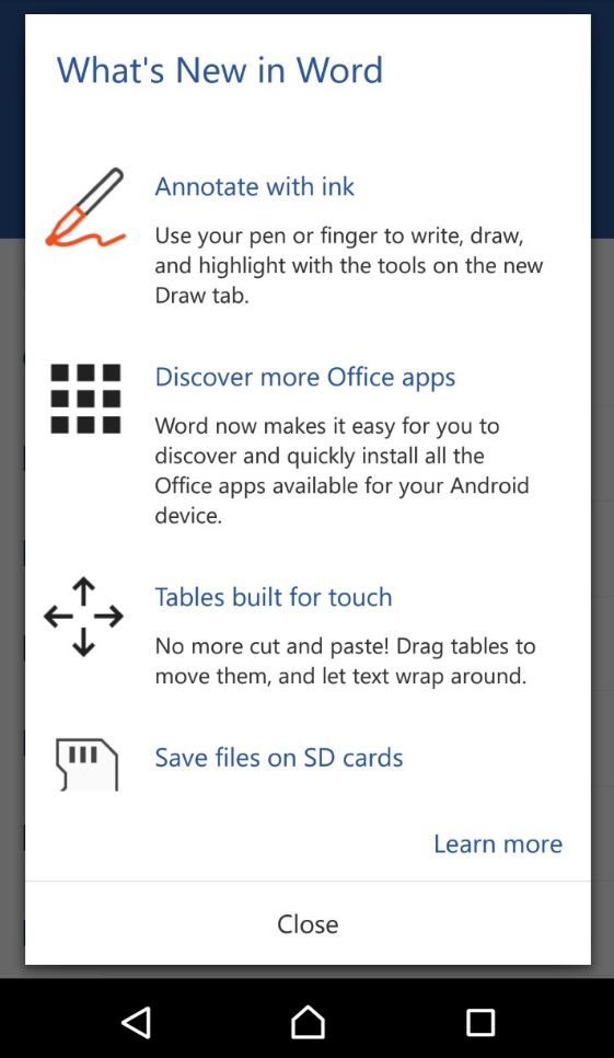 Microsoft Word update homescreen