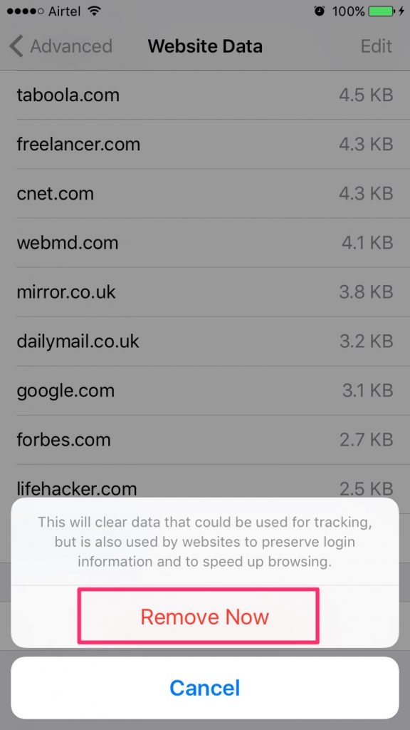 delete website data