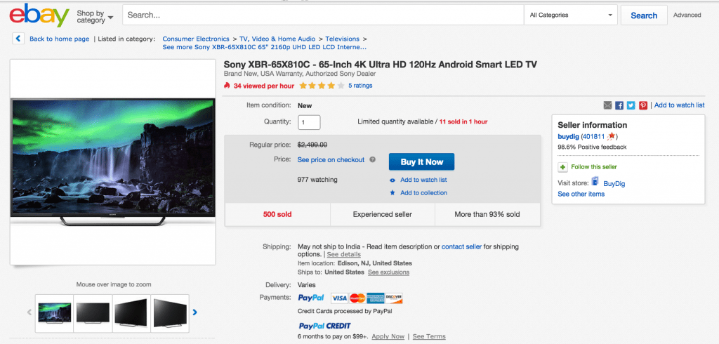 65-inch Sony Android 4K Smart LED TV ebay deal