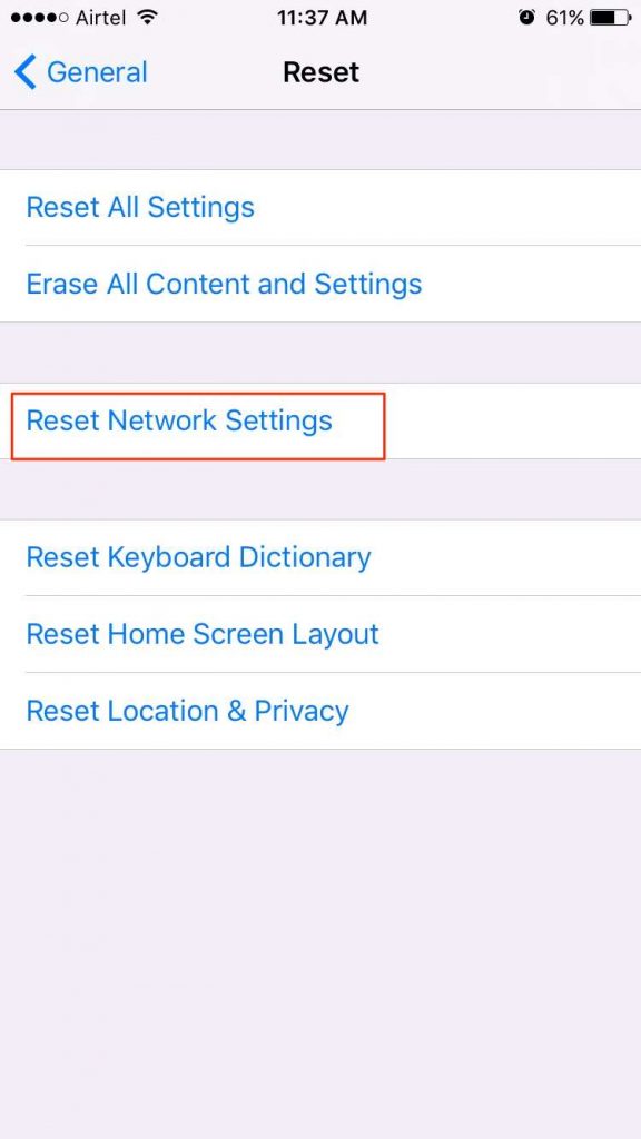 reset network settings to fix cannot connect to app store