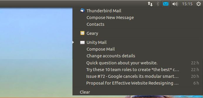 Messaging Menu showing latest e-mails and other links (image source: omgubuntu)