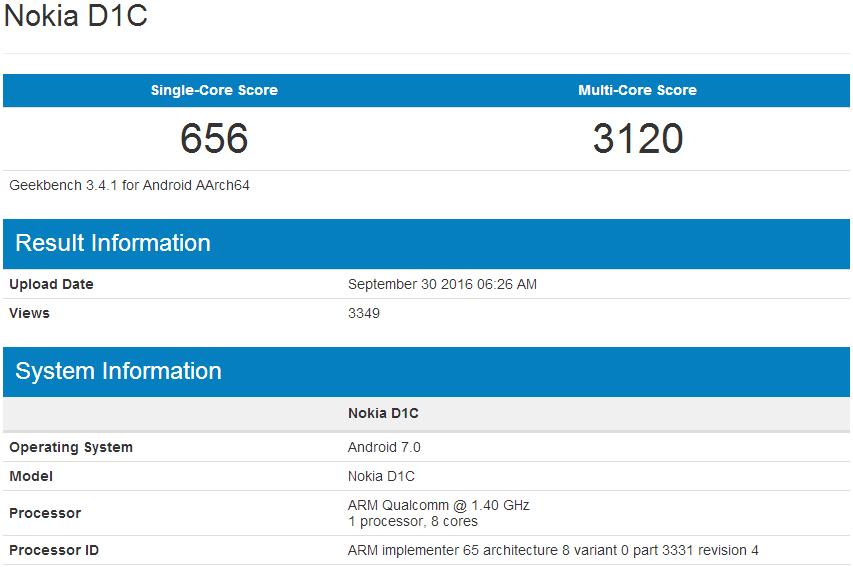Nokia D1C with Android 7.0, Snapdragon 430, 3GB RAM Spotted In Benchmark Listing