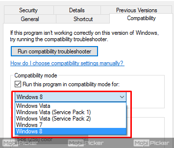 select windows version for compatibility mode in windows 10