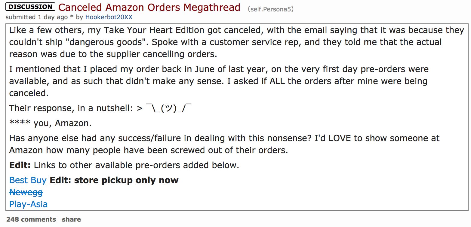 persona 5 amazon pre orders cancellation reddit discussion