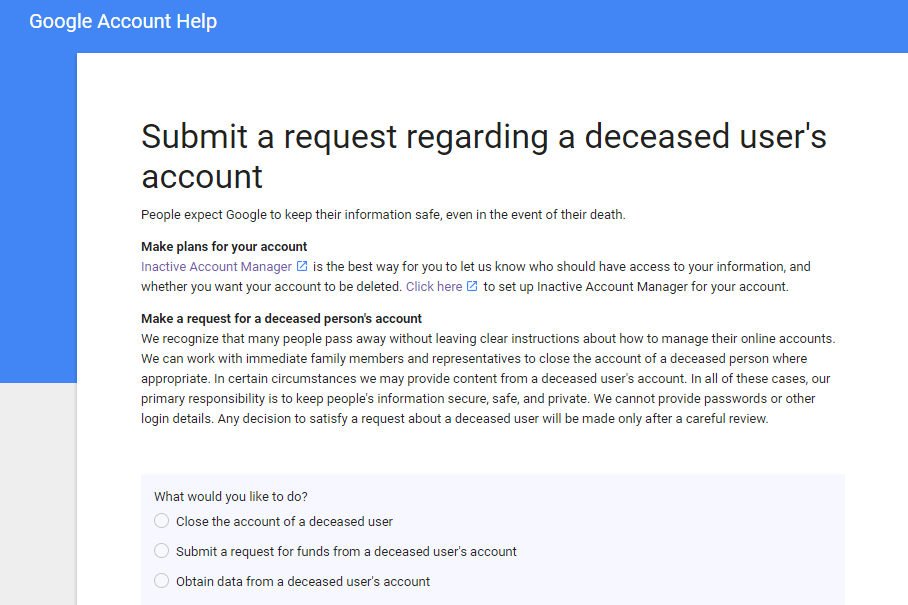 Request regarding a deceased person's account