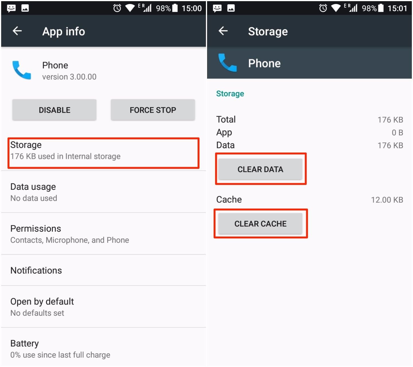 fix com.android.phone has stopped error by clearing phone app cache and data