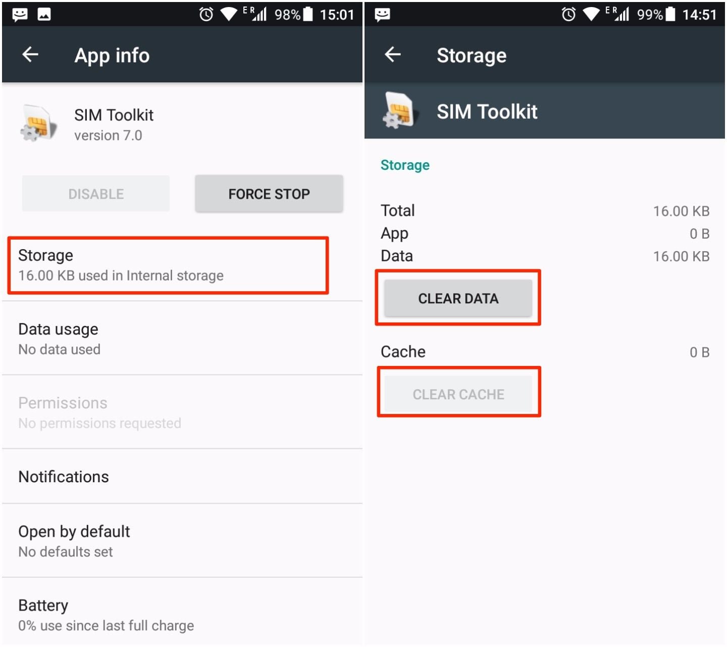 how to fix com.android.phone has stopped by clearing cache and data from sim toolkit
