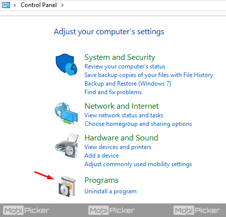 open programs in control panel
