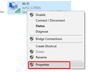 active network connection properties in windows 10