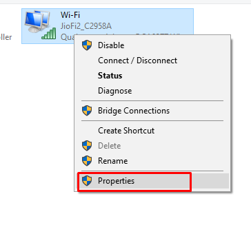 active network connection properties in windows 10
