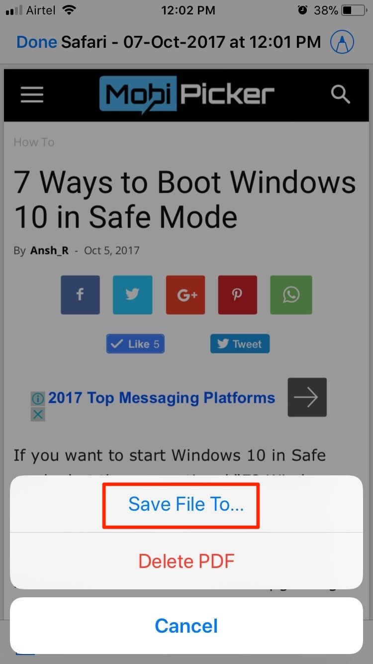 how to save webpage as pdf in ios 11